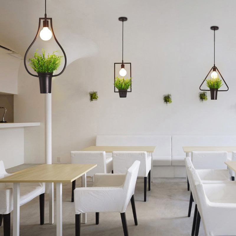 Luminaire suspendu pour plante unique - Lampe suspendue rustique en fer noir (triangle/carré/ovale)