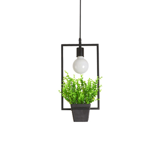 Rustic Triangle/Square/Oval Iron Plant Pendant Lighting Fixture In Black / Rectangle