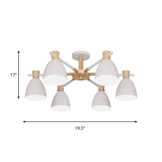 Nordic Bell Shaped Hanging Light Chandelier With Wood Accent - 6 Bulbs White