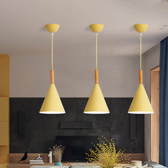 Conical Kindergarten Ceiling Pendant - 1-Light Macaron Hanging Light Fixture In Pink/Yellow/Grey