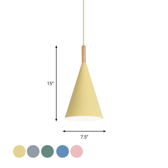 Conical Kindergarten Ceiling Pendant - 1-Light Macaron Hanging Light Fixture In Pink/Yellow/Grey