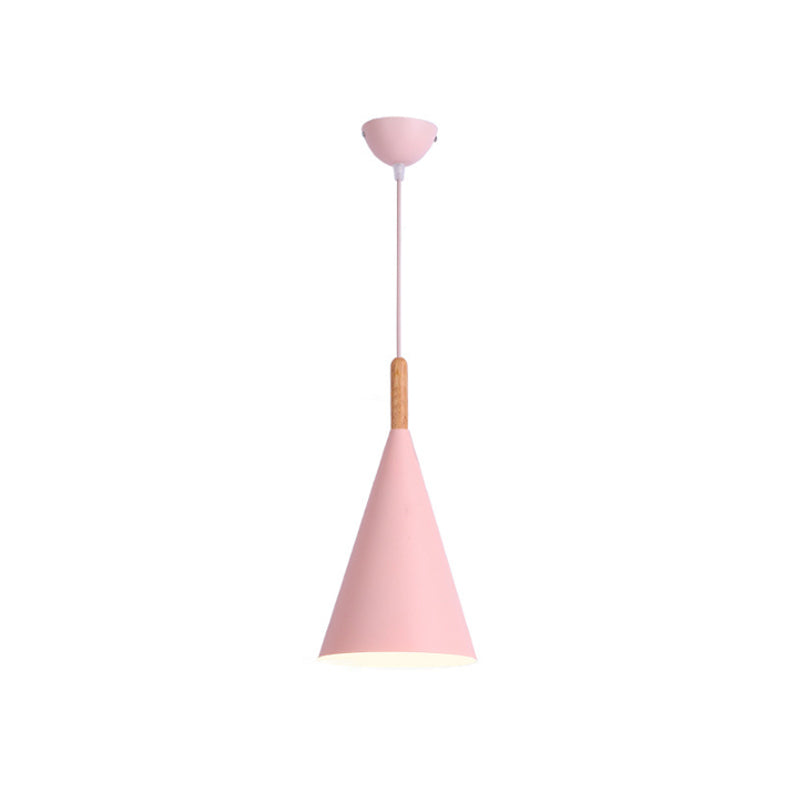 Conical Kindergarten Ceiling Pendant - 1-Light Macaron Hanging Light Fixture In Pink/Yellow/Grey