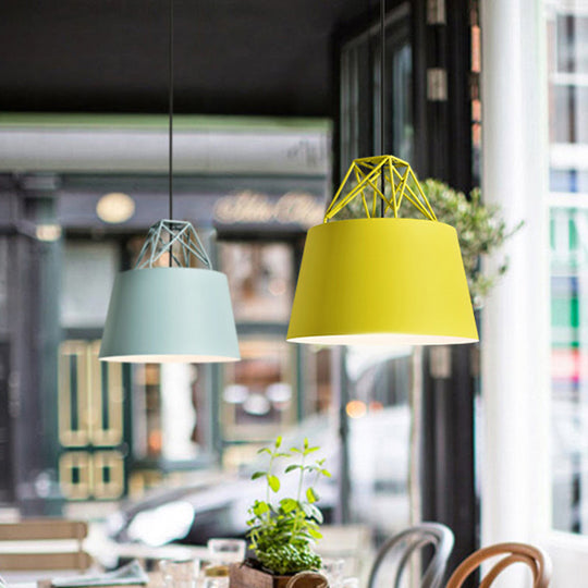 Macaron Drop Pendant Hanging Lamp In White/Pink/Blue With Aluminum Shade And Wire Top