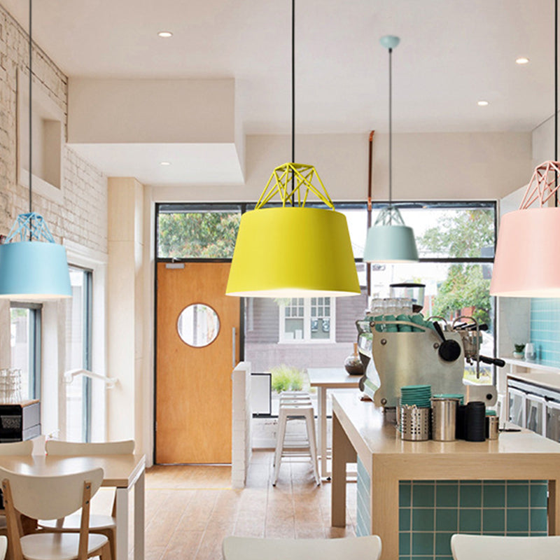 Macaron Drop Pendant Hanging Lamp In White/Pink/Blue With Aluminum Shade And Wire Top
