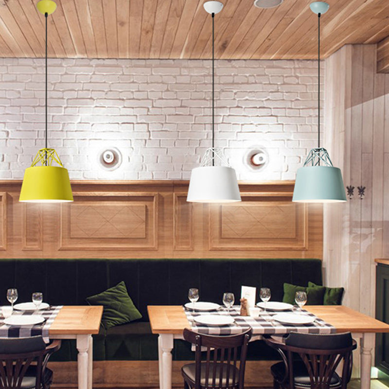 Macaron Drop Pendant Hanging Lamp In White/Pink/Blue With Aluminum Shade And Wire Top