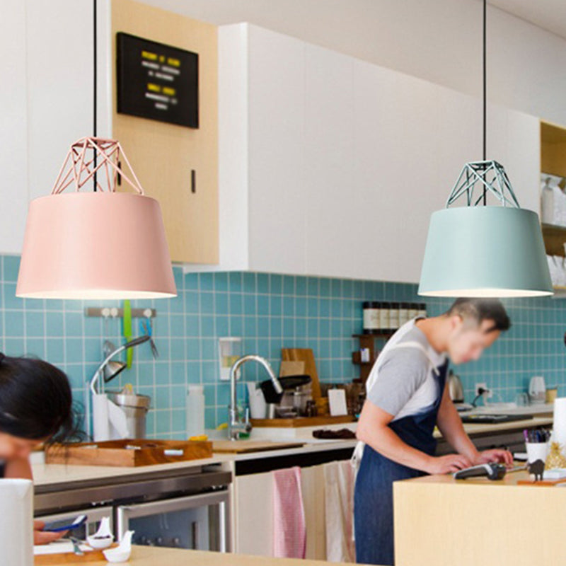 Macaron Drop Pendant Hanging Lamp In White/Pink/Blue With Aluminum Shade And Wire Top