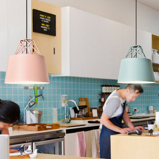 Macaron Drop Pendant Hanging Lamp In White/Pink/Blue With Aluminum Shade And Wire Top