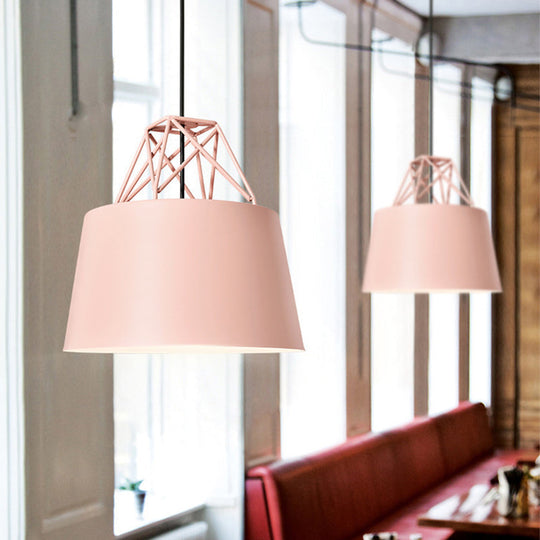 Macaron Drop Pendant Hanging Lamp In White/Pink/Blue With Aluminum Shade And Wire Top