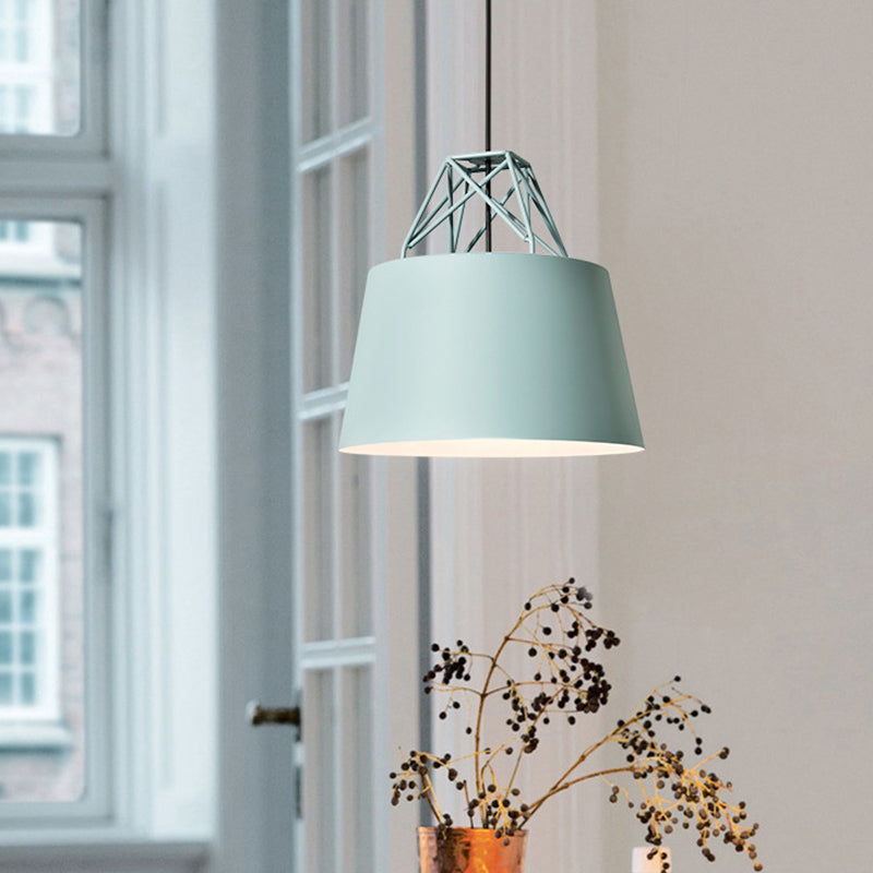 Macaron Drop Pendant Hanging Lamp In White/Pink/Blue With Aluminum Shade And Wire Top