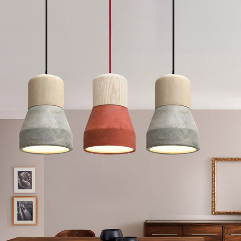 Cement Bottle Small Hanging Lamp Macaron Single Red/Grey/Green Ceiling Pendant Light with Wood Top