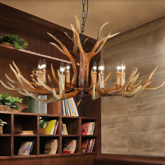 Rustic Countryside Stag Antler Chandelier - 6/8/10 Lights Pendant Fixture In Brown Resin For