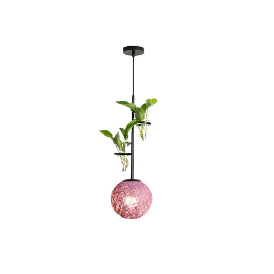 Macaron 1-Head Rattan Hanging Ceiling Light In Beige/Red/Pink With Plant Pot - Kitchen Pendant
