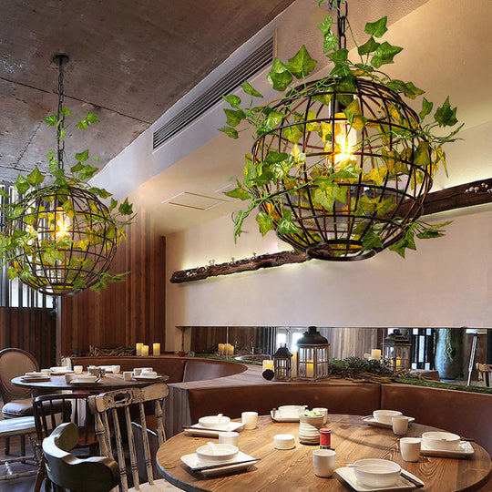 Black Single-Bulb Hanging Light Loft Iron Ceiling Pendant With Art Vine In Orange/Green/Light Green