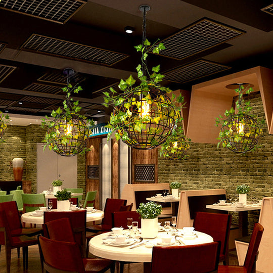 Black Single-Bulb Hanging Light Loft Iron Ceiling Pendant With Art Vine In Orange/Green/Light Green