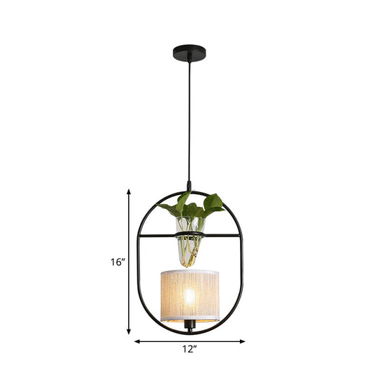 Rustic Pendant Light with Plant Pot and Oval/ Trapezoid Frame in Black - Perfect for Cafes