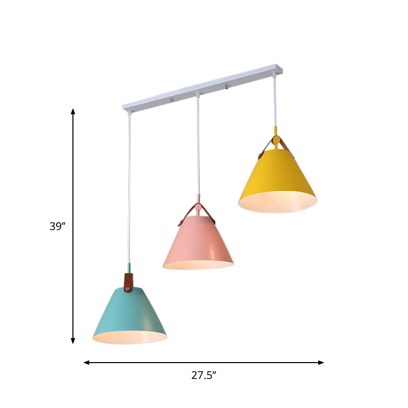 Frustum Shaped Metal Hanging Light Macaron Pendant Lamp - Blue-Pink-Yellow/Black-Grey-White 3 Bulbs