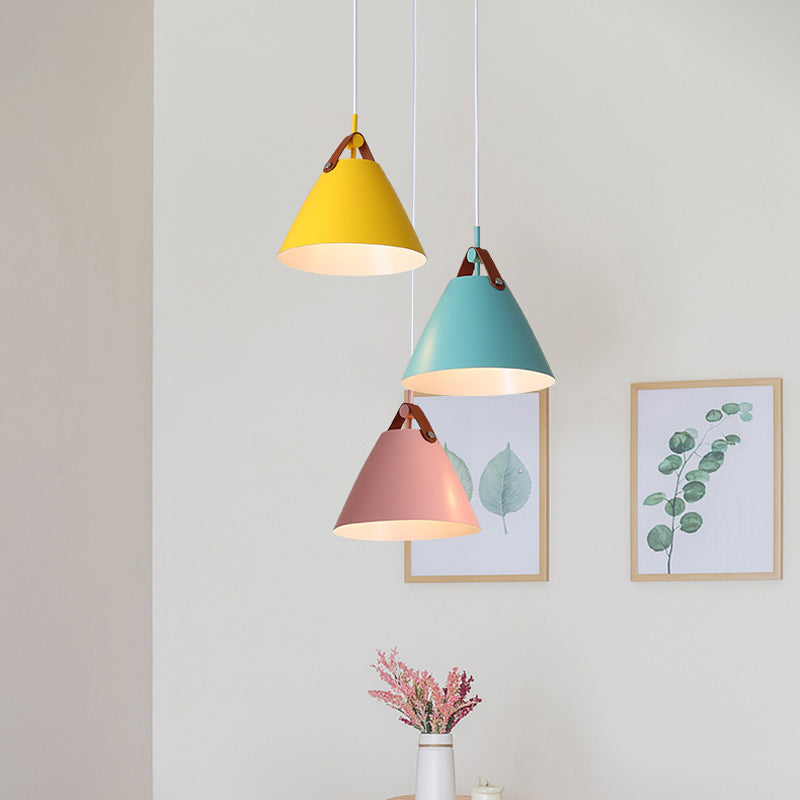 Frustum Shaped Metal Hanging Light Macaron Pendant Lamp - Blue-Pink-Yellow/Black-Grey-White 3 Bulbs