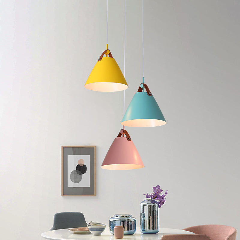 Frustum Shaped Metal Hanging Light Macaron Pendant Lamp - Blue-Pink-Yellow/Black-Grey-White 3 Bulbs