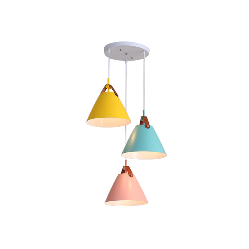 Frustum Shaped Metal Hanging Light Macaron Pendant Lamp - Blue-Pink-Yellow/Black-Grey-White 3 Bulbs