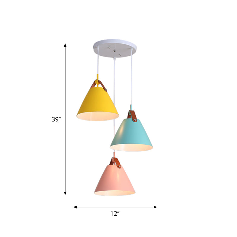Frustum Shaped Metal Hanging Light Macaron Pendant Lamp - Blue-Pink-Yellow/Black-Grey-White 3 Bulbs