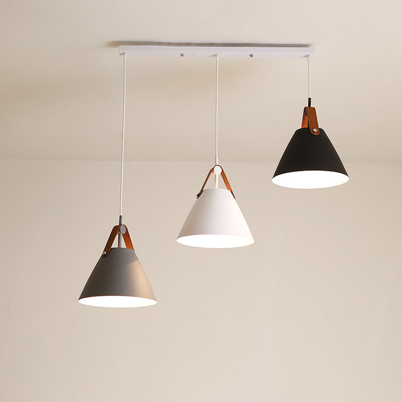 Frustum Shaped Metal Hanging Light Macaron Pendant Lamp - Blue-Pink-Yellow/Black-Grey-White 3 Bulbs