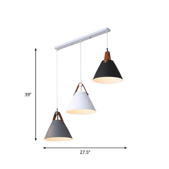 Frustum Shaped Metal Hanging Light Macaron Pendant Lamp - Blue-Pink-Yellow/Black-Grey-White 3 Bulbs