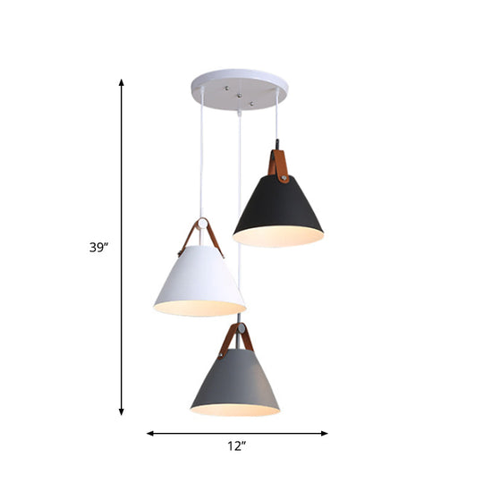 Frustum Shaped Metal Hanging Light Macaron Pendant Lamp - Blue-Pink-Yellow/Black-Grey-White 3 Bulbs
