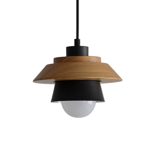 Macaron Single Pink/Grey/Green Wood Pendant Lamp Kit - 2-Shade Iron Hanging Fixture