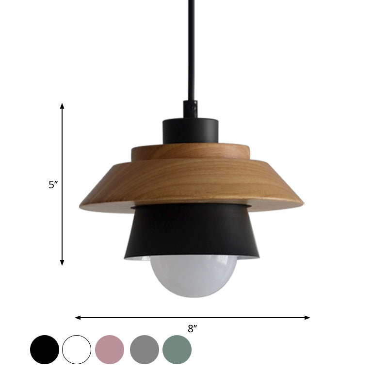 Macaron Single Pink/Grey/Green Wood Pendant Lamp Kit - 2-Shade Iron Hanging Fixture