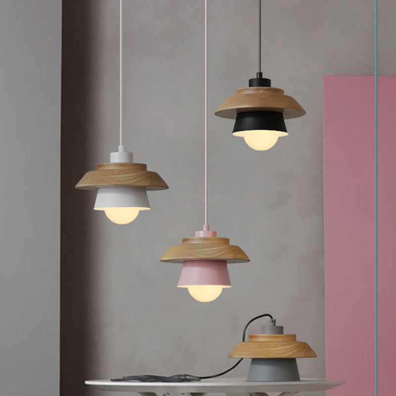 Macaron Single Pink/Grey/Green Wood Pendant Lamp Kit - 2-Shade Iron Hanging Fixture