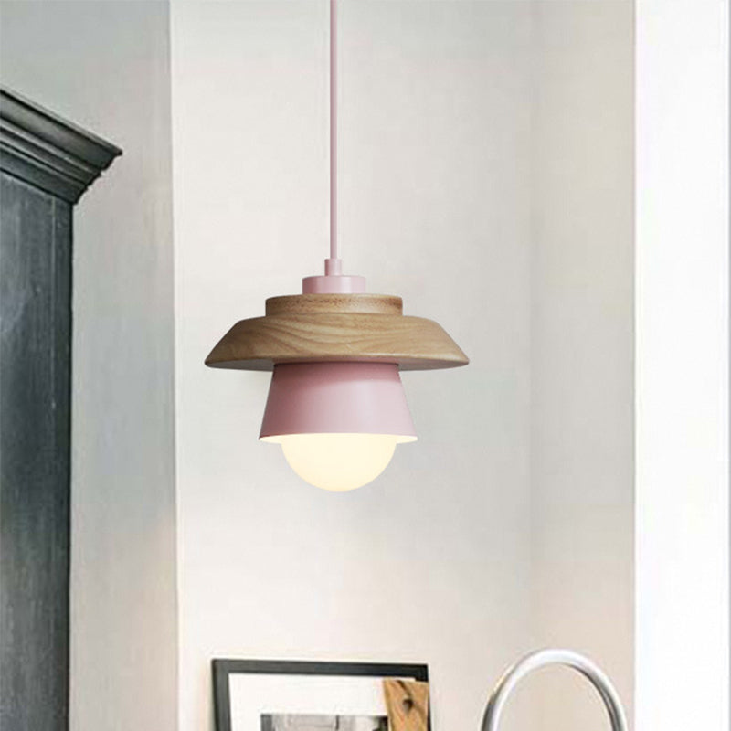 Macaron Single Pink/Grey/Green Wood Pendant Lamp Kit - 2-Shade Iron Hanging Fixture