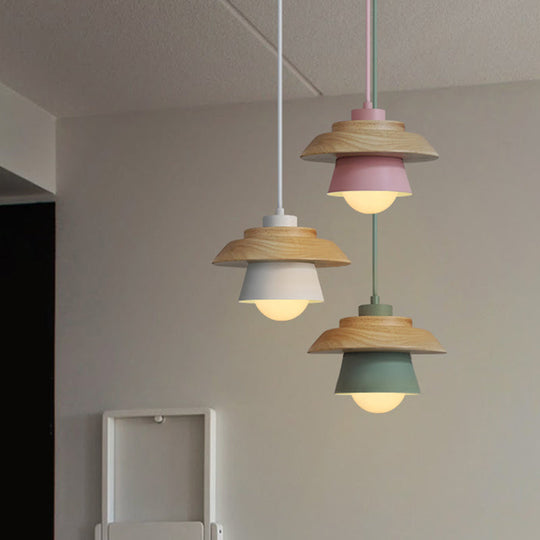 Macaron Single Pink/Grey/Green Wood Pendant Lamp Kit - 2-Shade Iron Hanging Fixture