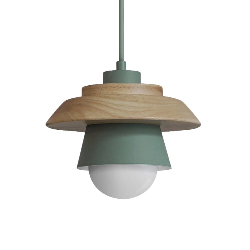 Macaron Single Pink/Grey/Green Wood Pendant Lamp Kit - 2-Shade Iron Hanging Fixture