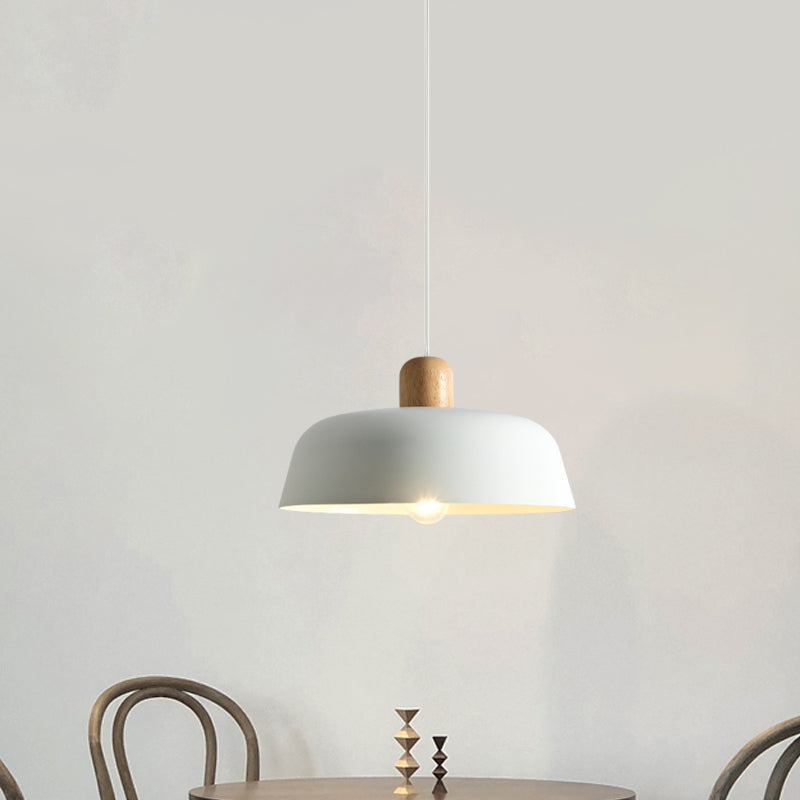 Nordic Metal Pendant Lamp With Wood Top And 1 Light - Flat-Bowl Shape In Black White