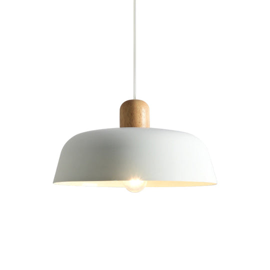 Nordic Metal Pendant Lamp With Wood Top And 1 Light - Flat-Bowl Shape In Black White