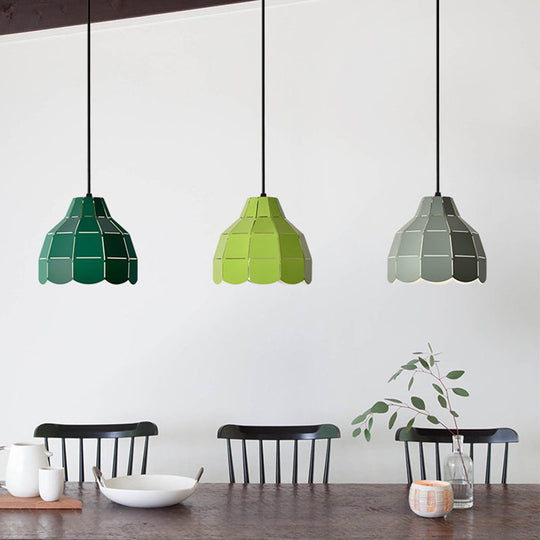 Laser Cut Floral Aluminum Pendant Hanging Light Fixture - Green/Yellow/Grey Macaron Design