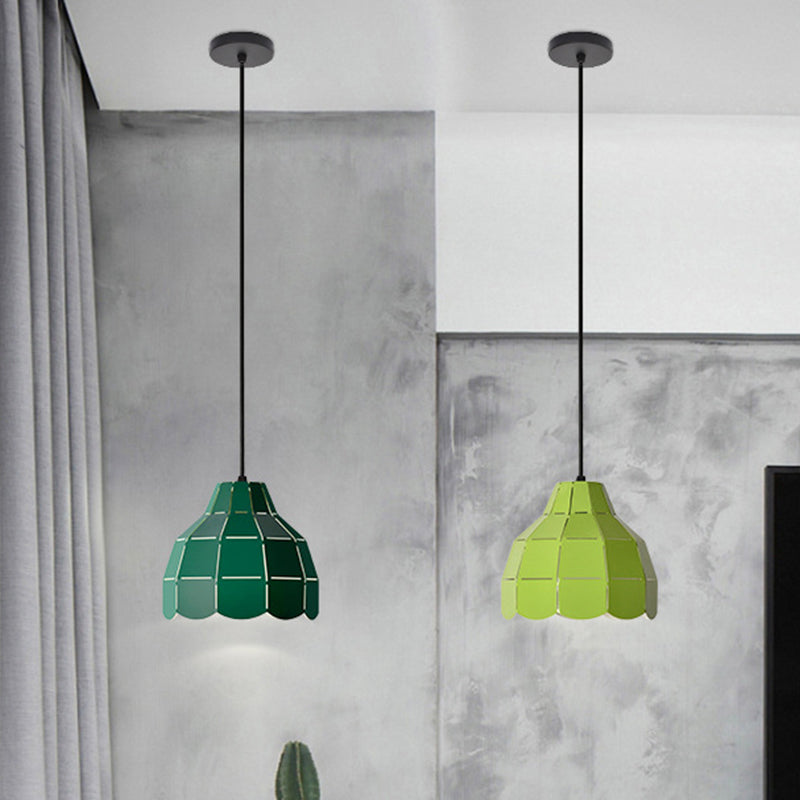 Laser Cut Floral Aluminum Pendant Hanging Light Fixture - Green/Yellow/Grey Macaron Design