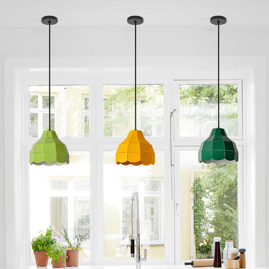Laser Cut Floral Aluminum Pendant Hanging Light Fixture - Green/Yellow/Grey Macaron Design Yellow