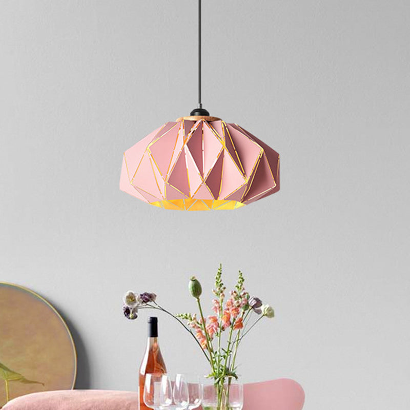 Macaron Restaurant Pendant Lamp With Laser Cut Iron Shade In Grey/Pink/Blue