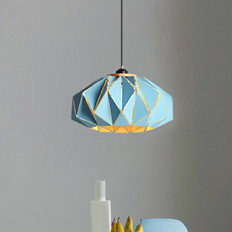 Macaron Restaurant Pendant Lamp With Laser Cut Iron Shade In Grey/Pink/Blue
