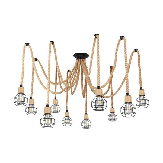 Rustic Rope Pendant Light with Spherical Cage - 6/10 Lights, Brown Bistro Swag Lamp