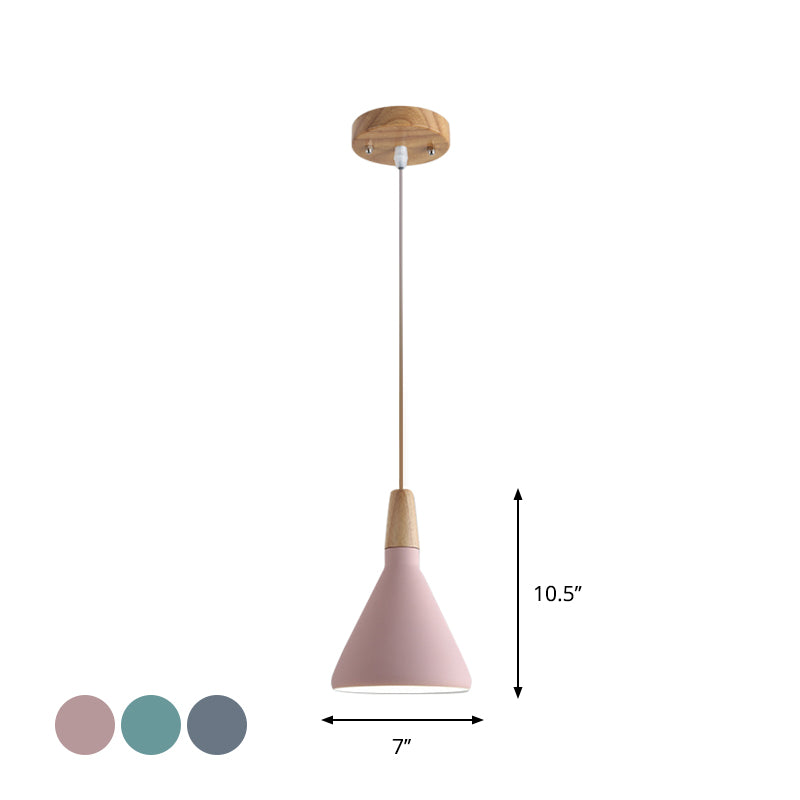 Cone Hanging Lamp Macaron 1 Bulb Aluminum Ceiling Pendant In Grey/Pink/Green With Wood Top - Ideal