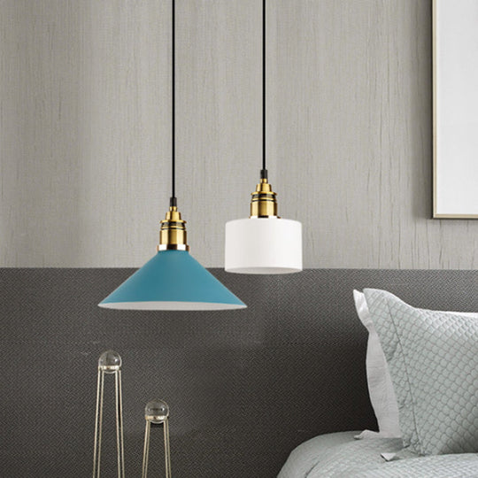 Dome/Cylinder/Cone Iron Hanging Light: Macaron Single White/Pink/Blue & Brass Ceiling Pendant For