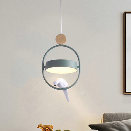Nordic Style Hanging Lamp With Bird Decor And Round Shade In White/Grey/Green - Metal Single Bedside