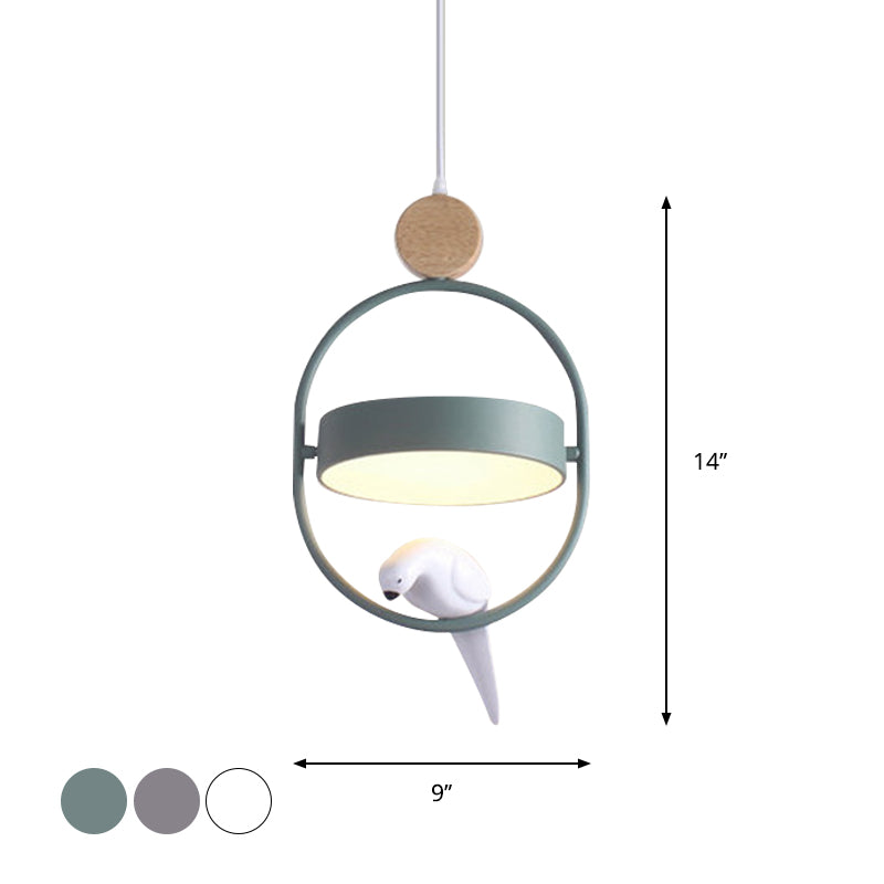 Nordic Style Hanging Lamp With Bird Decor And Round Shade In White/Grey/Green - Metal Single Bedside