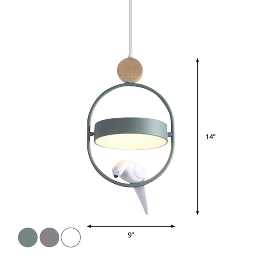 Nordic Style Hanging Lamp With Bird Decor And Round Shade In White/Grey/Green - Metal Single Bedside