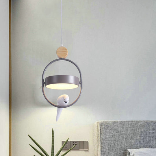 Nordic Style Hanging Lamp With Bird Decor And Round Shade In White/Grey/Green - Metal Single Bedside