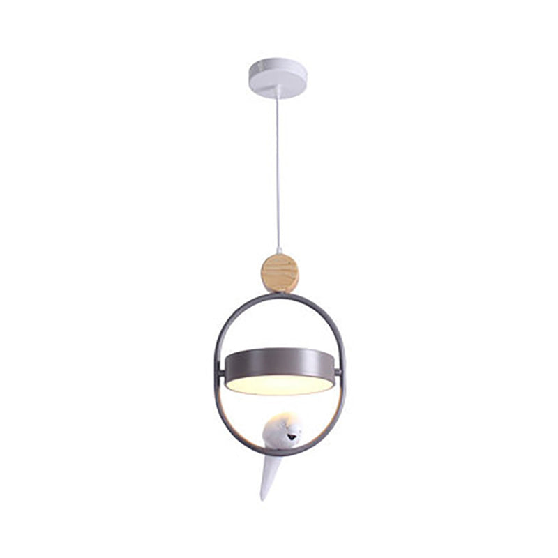 Nordic Style Hanging Lamp With Bird Decor And Round Shade In White/Grey/Green - Metal Single Bedside