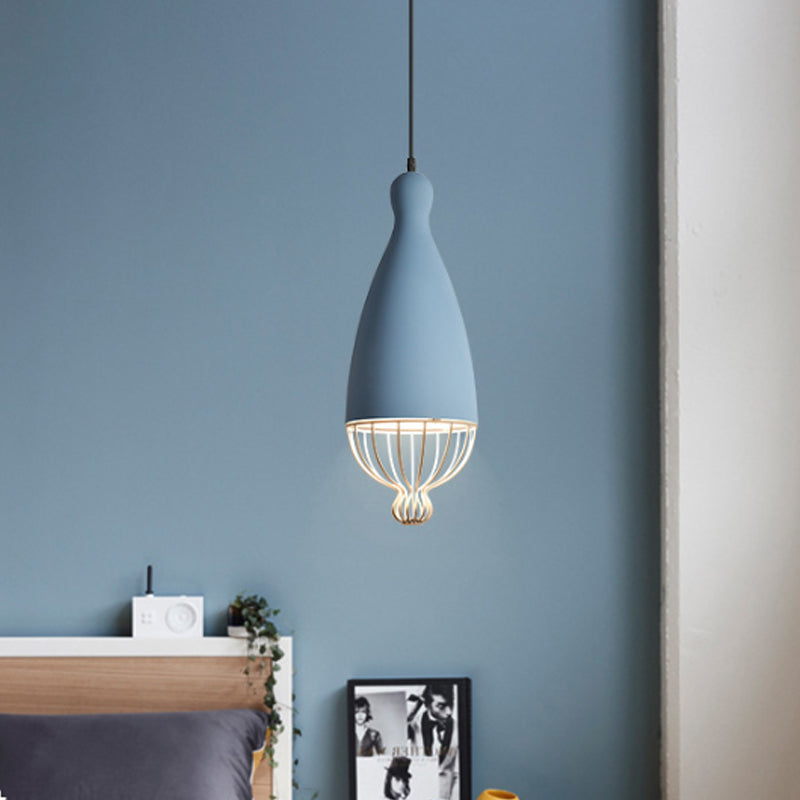 Macaron Inverted Balloon Pendant Light With Wire Cage And 1 Head In Grey/Pink/Blue