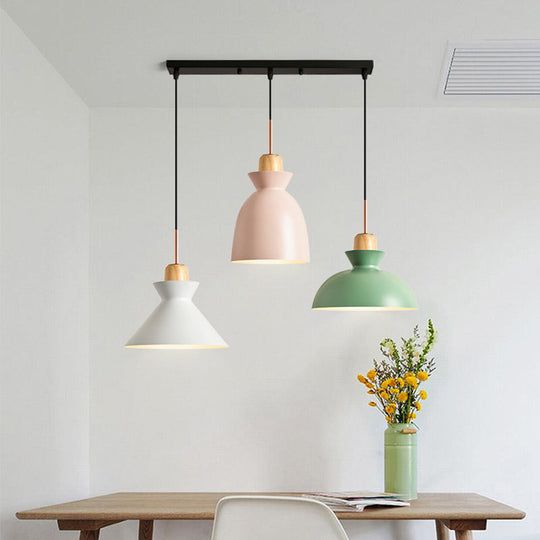 Macaron Round/Linear Metal Pendant Light With Shade - 3 Bulbs Pink/Black Hanging Lamp Fixture
